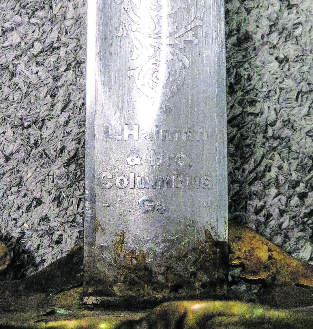 Fake etched Confederate makers mark “L. Haiman & Bro. Columbus, Ga” on a sword blade.