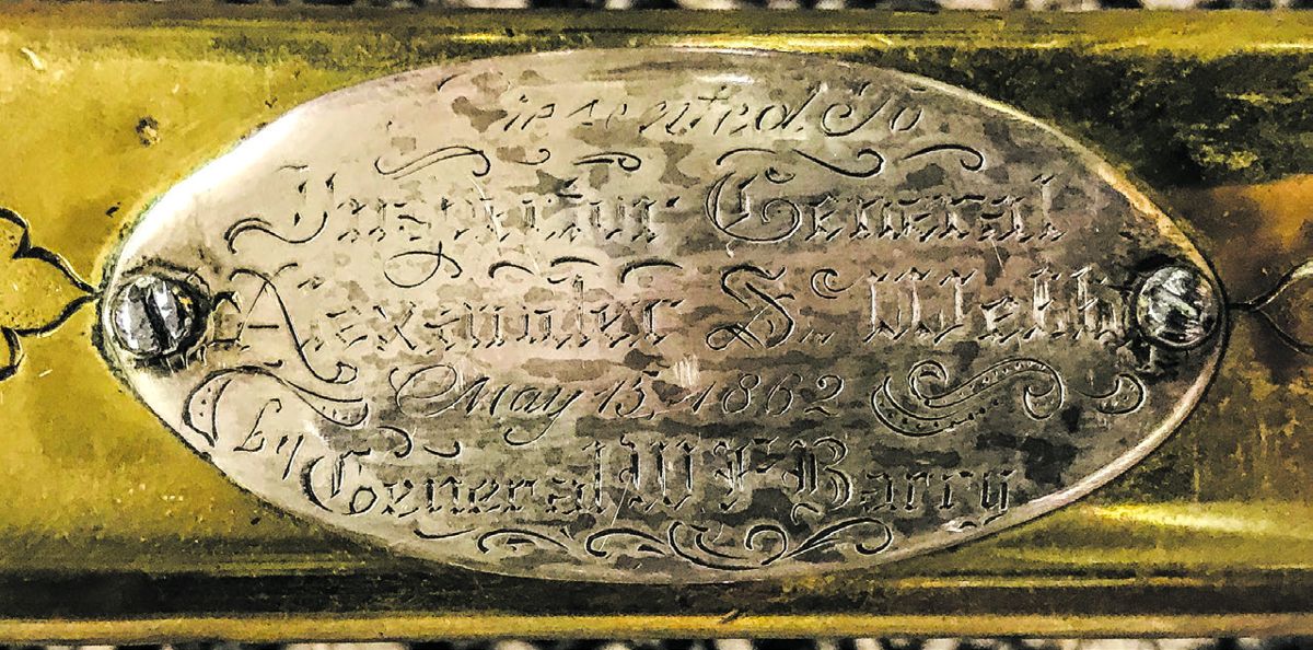 Fake engraved presentation to Gettysburg hero “General Alexander S. Webb.” The sword was real.