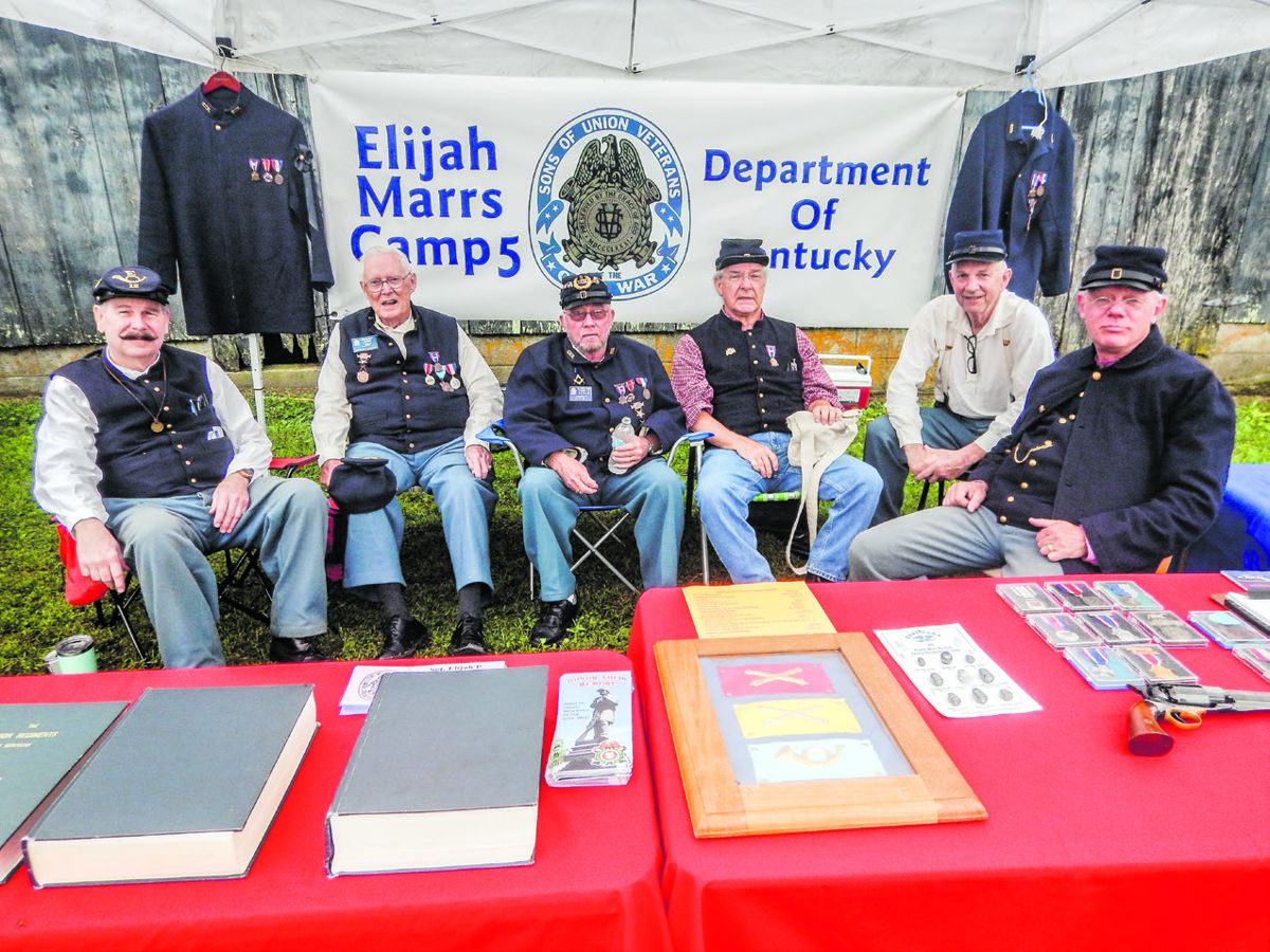 Sgt. Elijah Marrs Camp #5 Sons of Union Veterans: Left to right Jack Mills, Lexington, Ky., Douglas Harper, Lexington, Ky., James Fox, Lexington, Ky., John Kalbfleisch, Lexington, Ky., Mike Flynn, Lexington, Ky., Bob Jones-Department Commander, Louisville, Ky.