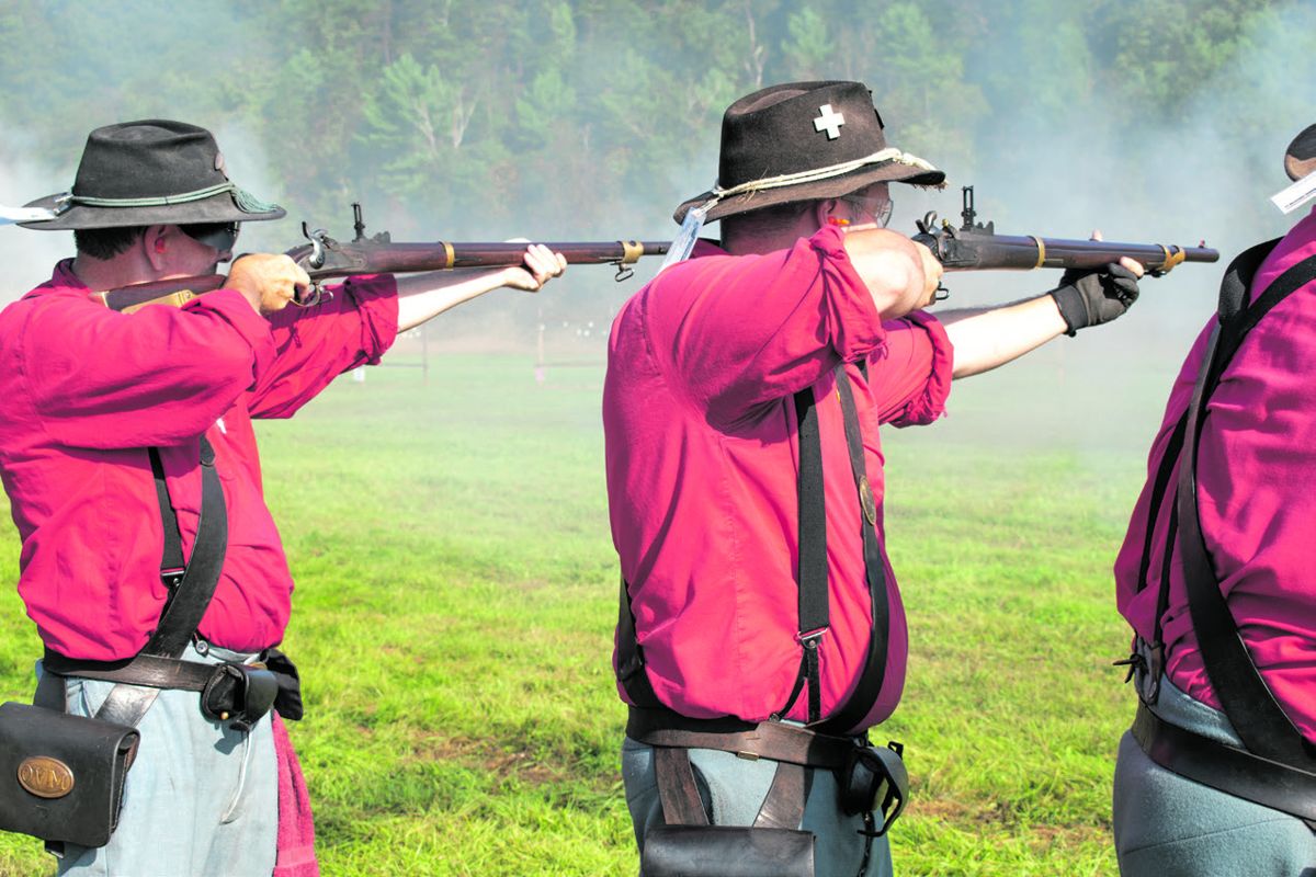 The 110th Ohio Volunteer Infantry (OVI) consistently wins the top spot in the N-SSA National Skirmish musket competition. Here, 110th OVI members deftly take aim at hanging tile targets hung on frames at a distance of 50 yards. (Ericka Hoffmann)
