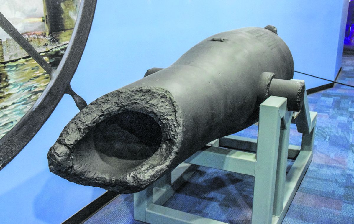This battle-damaged IX-inch Dahlgren shell gun was cast at Tredegar Iron Works in Richmond in 1859. It is the largest existing artifact associated with the Confederate ironclad CSS Virginia.