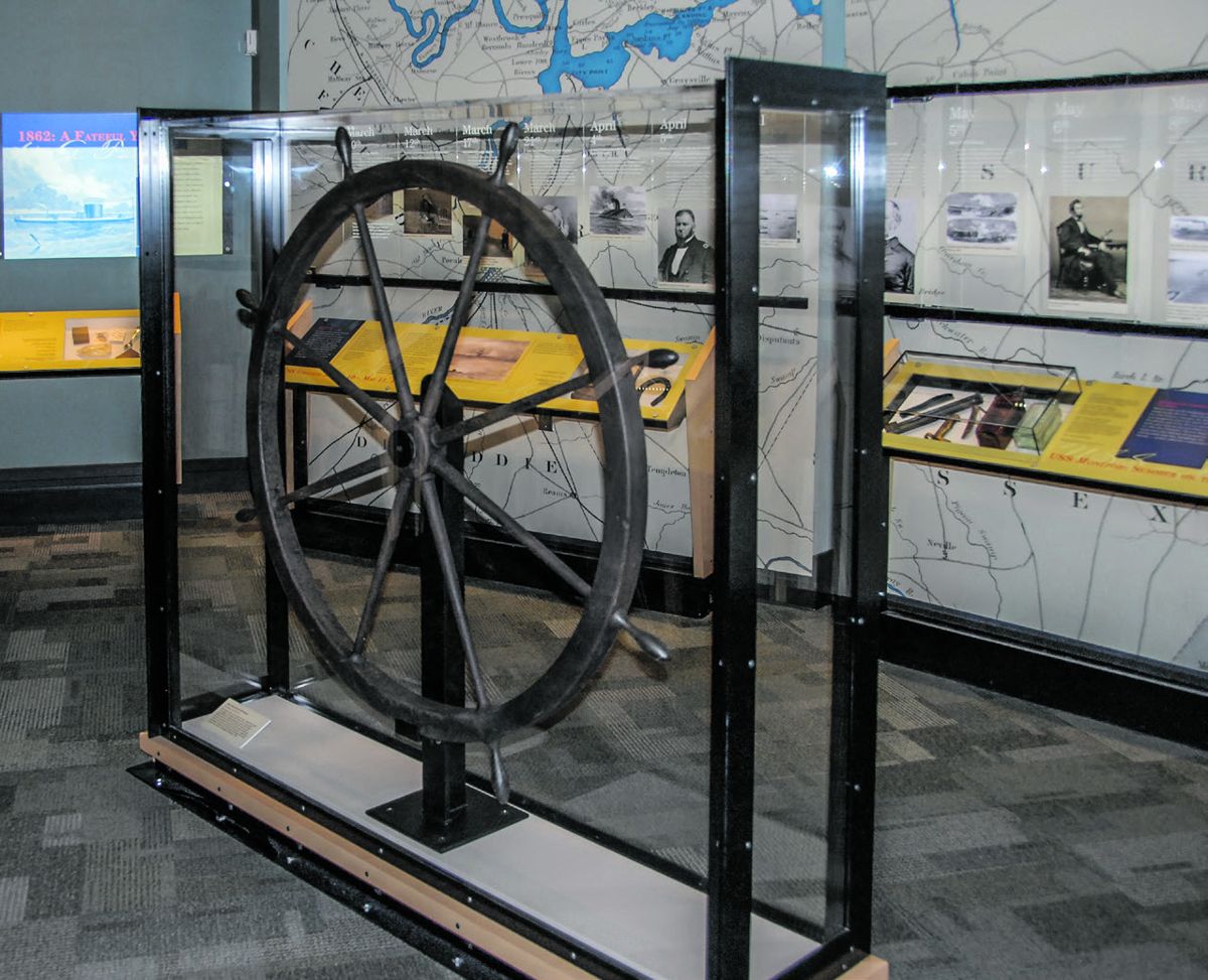 This ship’s wheel is one of the few CSS Virginia artifacts that has survived. Most of the wreck was sold as scrap after the Civil War.
