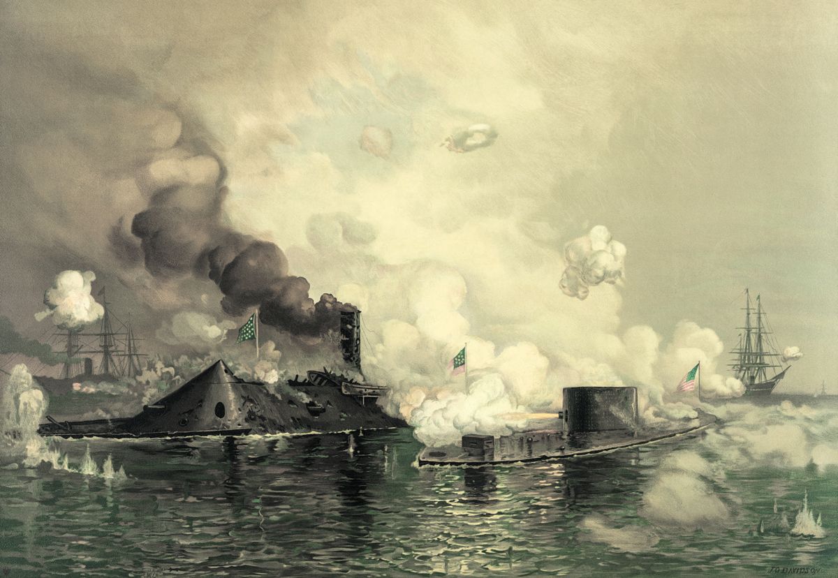 Title: “The Monitor and Merrimac.” Artist: J. O. Davidson. Chromolithograph depicting the Battle of Hampton Roads. Published by L. Prang & Co. Boston, 1886.