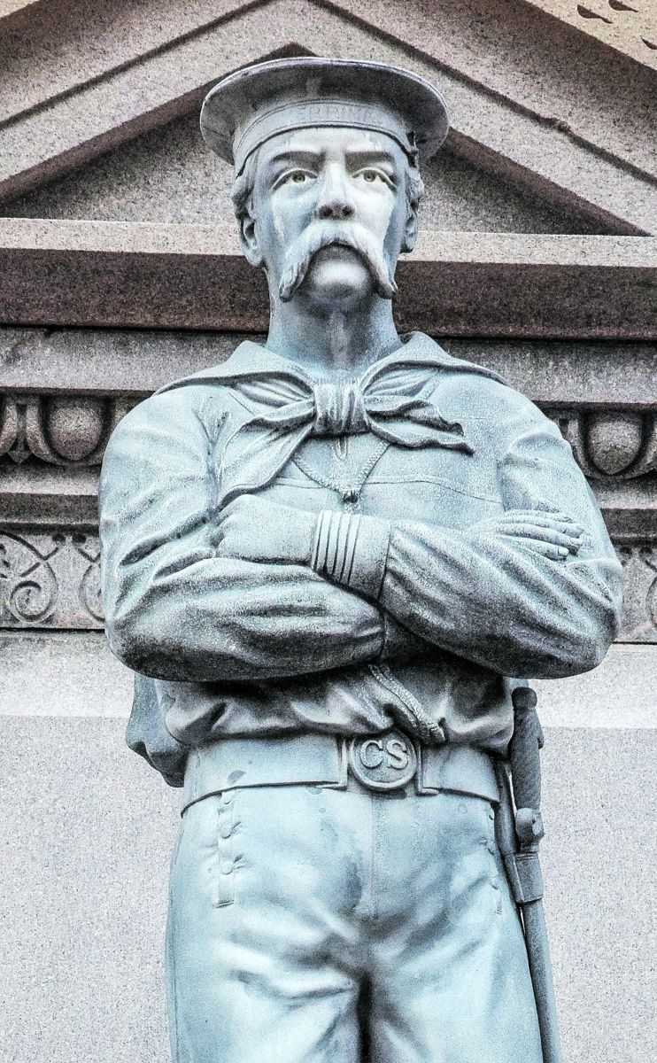 A figure of a Confederate sailor on a Court Street monument honors the memory of the men who served as the CSS Virginia’s crew.