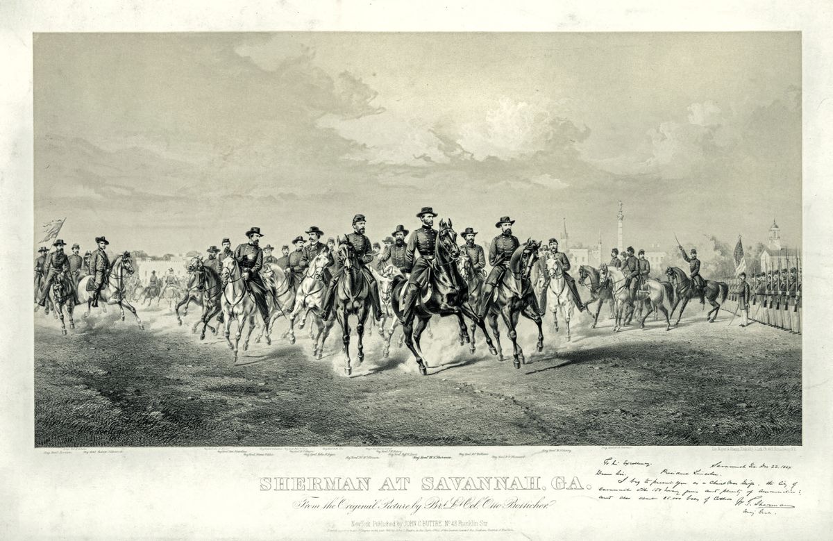 Titled: SHERMAN AT SAVANNAH, GA. From the Original Picture by Bvt. Lt. Col. Otto Boetticher. Major and Knapp Lithographer; John Chester Buttre, Publisher.