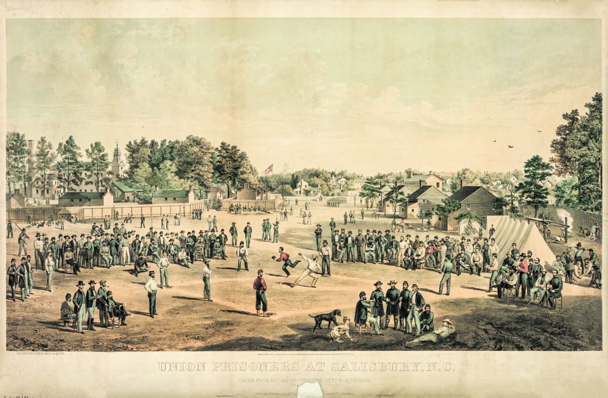 Union prisoners playing baseball at Salisbury, N.C. / drawn from nature by Act. Major Otto Boetticher; lithographer of Sarony, Major and Knapp, N.Y., Goupil & Co., Publisher.
