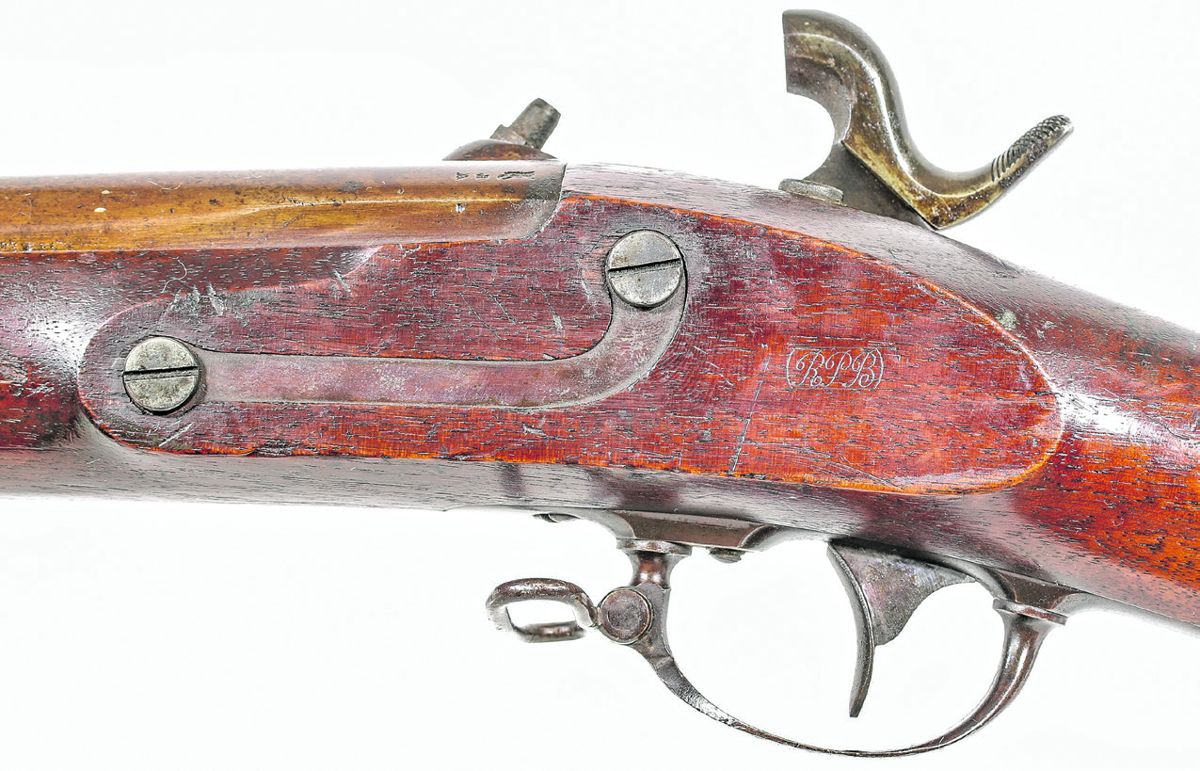 Cartouche on the counterpane of the browned 1851 dated M1851 Cadet Musket.