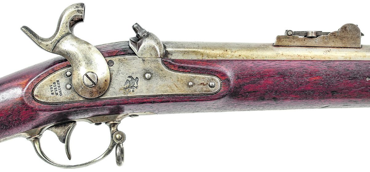 1853 dated M1851 Cadet Musket lock, showing the M1855 pattern rear sight added to rifled & sighted variants.