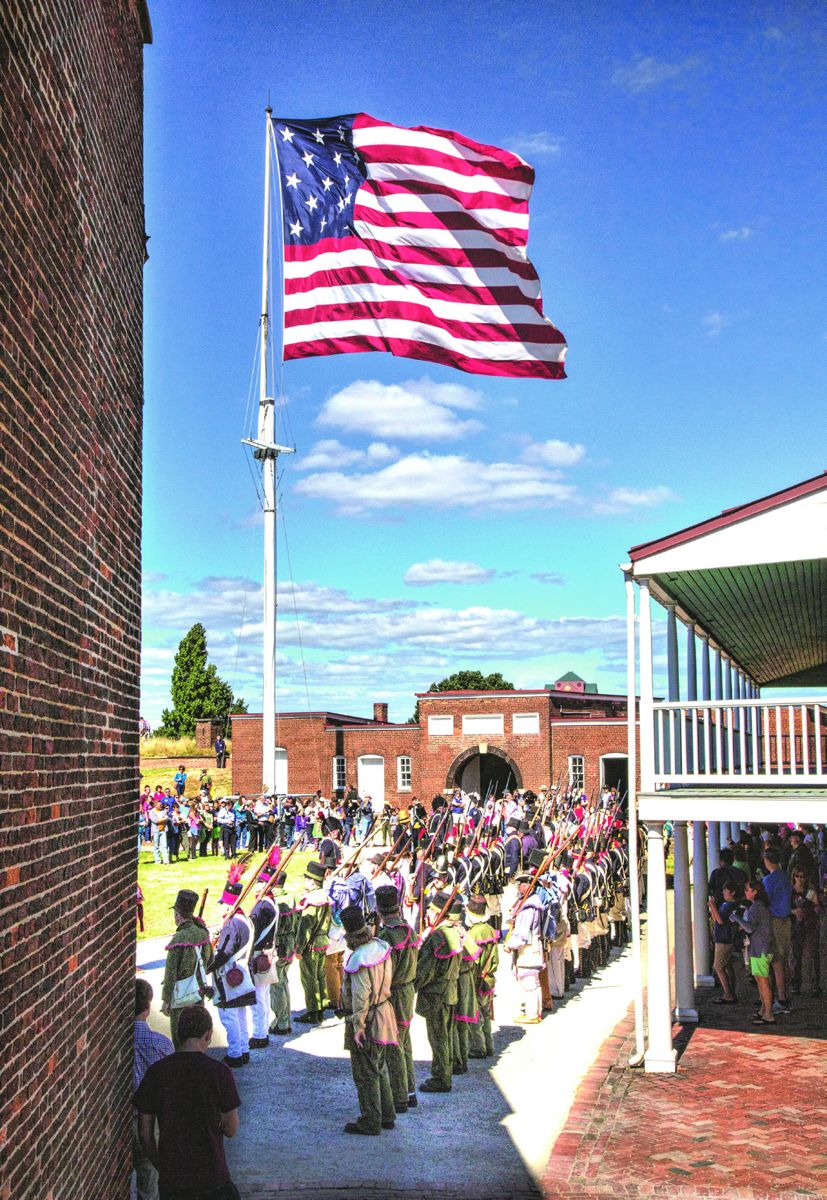 Living historians assemble during a special event at Fort McHenry National Monument and Historic Shrine in Baltimore, the bastion in 1814’s Battle of Baltimore whose successful defense inspired Francis Scott Key to write the words that have become the U.S. national anthem. (Deborah Felmey)