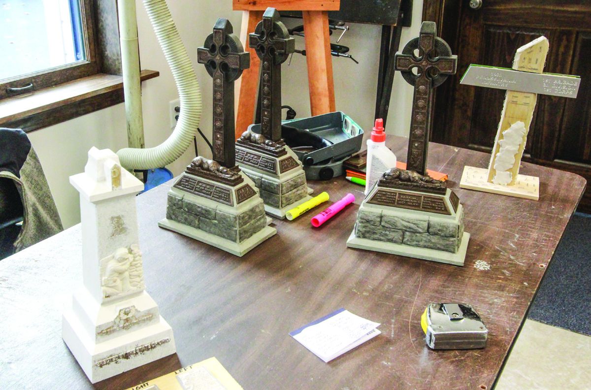 Work area showing 55th Ohio, Irish Brigade, and 142nd Penn. monuments at various stages of completion. (Photos by Leon Reed)