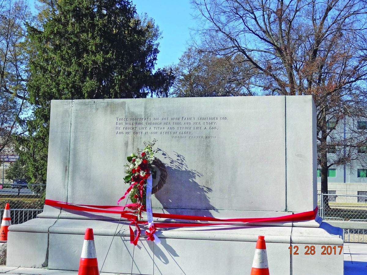 Wreath placed by monument sympathizers at the base of Forrest’s monument. Photograph taken on Dec. 28, 2017, a few days after the removal of his statue.