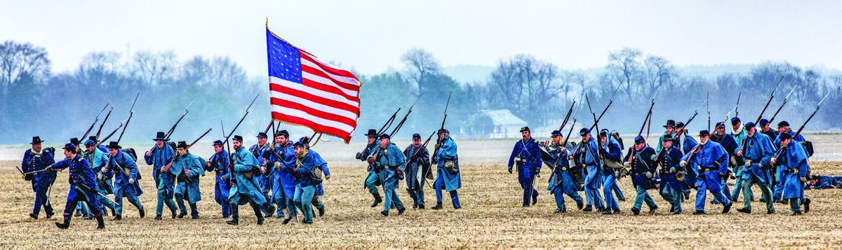 Union infantry charging during the Fredericksburg reenactment.