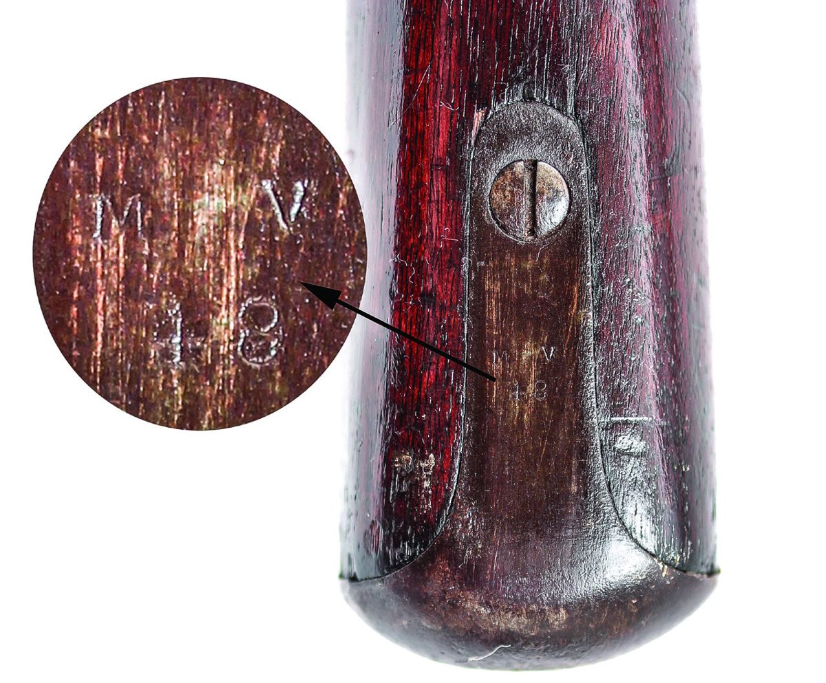 Buttplate rack markings on a blued Whitney Enfield Rifle Musket, reading M V / 48. Does the “M V” stand for “Mississippi Volunteers” or “Maryland Volunteers”? The low rack number suggests it could be part of the 75 guns delivered to the “Enterprise Guards” in Mississippi, but it could also be a Maryland mark.