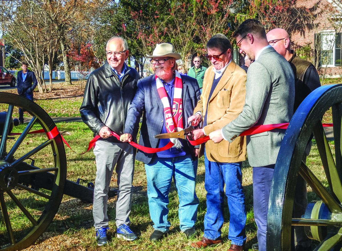 Left to right: Franklin Mayor Ken Moore, Tennessee State Historian Carroll Van West, Franklin Charge cannon committee chair Cullen Smith, Tennessee Wars Commission Executive Director Tim Hyder. To the rear is Franklin Charge board member Robert Hicks.