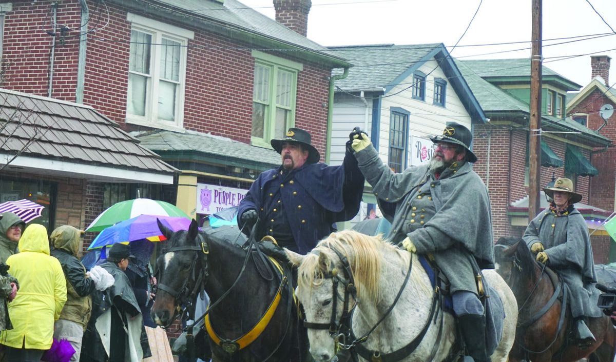 Gettysburg Remembrance Day Parade photo of Darrell Markijohn, USV Commander (left) and Confederate John Wagstaff (right) unite to show strength and support from the reenactors.