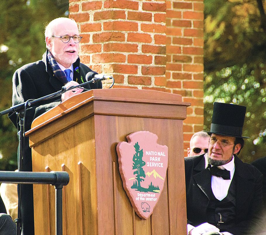 Lincoln scholar Harold Holzer delivers the annual oration at the Gettysburg National Soldiers’ Cemetery on November 19, the 154th anniversary of Lincoln’s Gettysburg Address. Looking on is Lincoln reactor George Buss.