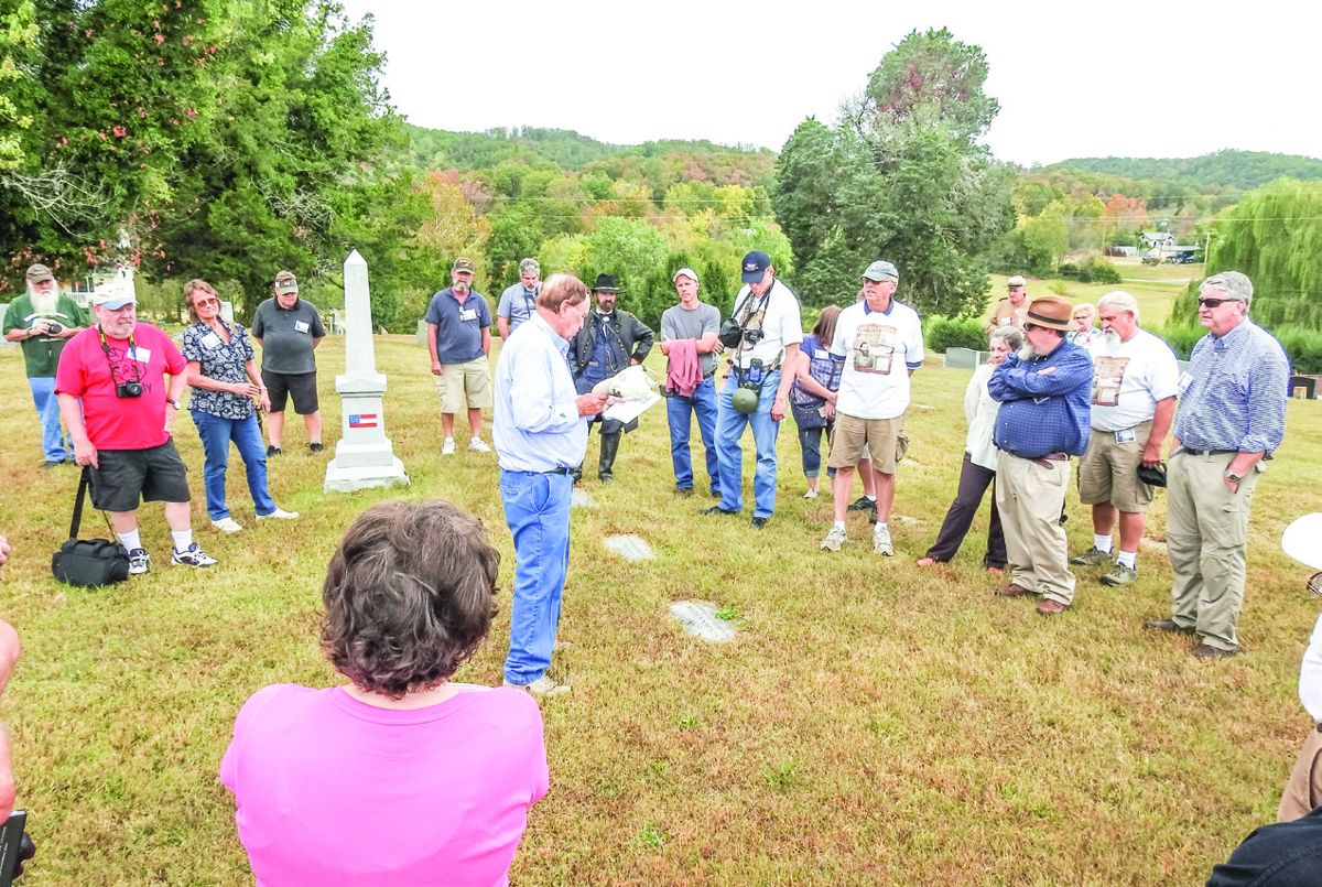 Ken Coffee talks about the battle near the Battle of Bean’s Station monument in the Bean’s Station Cemetery.