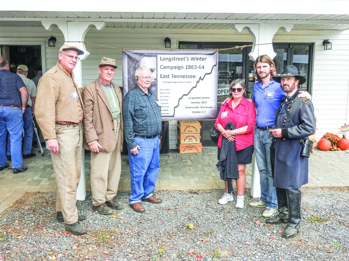 Longstreet Society leaders: Dan Paterson, Tim Massey, Richard Pilcher, Maria Lagonia, C.J. Clarke, and Curt Fields as Gen.
