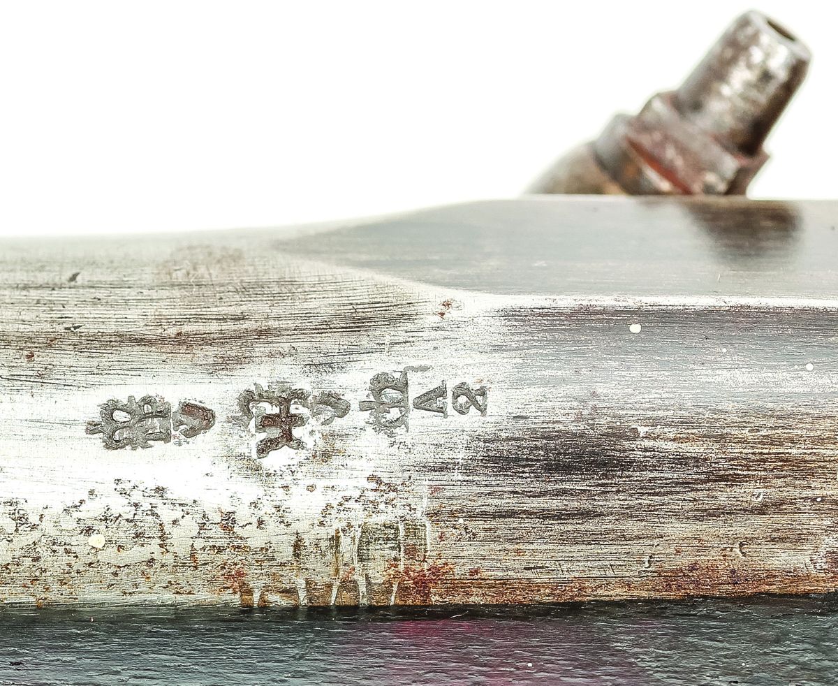 Standard British proof and inspection marks on the barrel of a Windsor Enfield. Note the “Crown/A/2” sub-inspection mark.