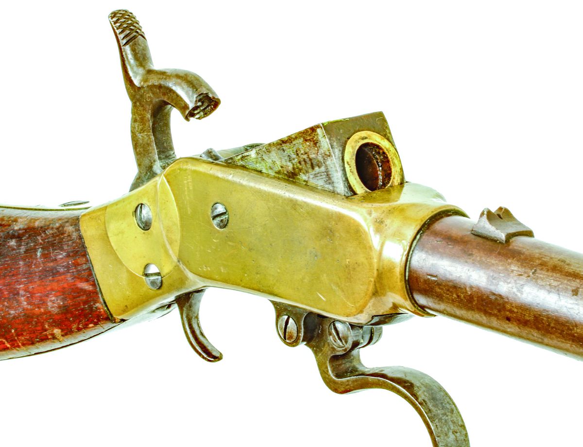 Keen, Walker & Co. carbine, breech block open for loading, showing the bronze chamber ring intended to help seal the breech against gas leakage.