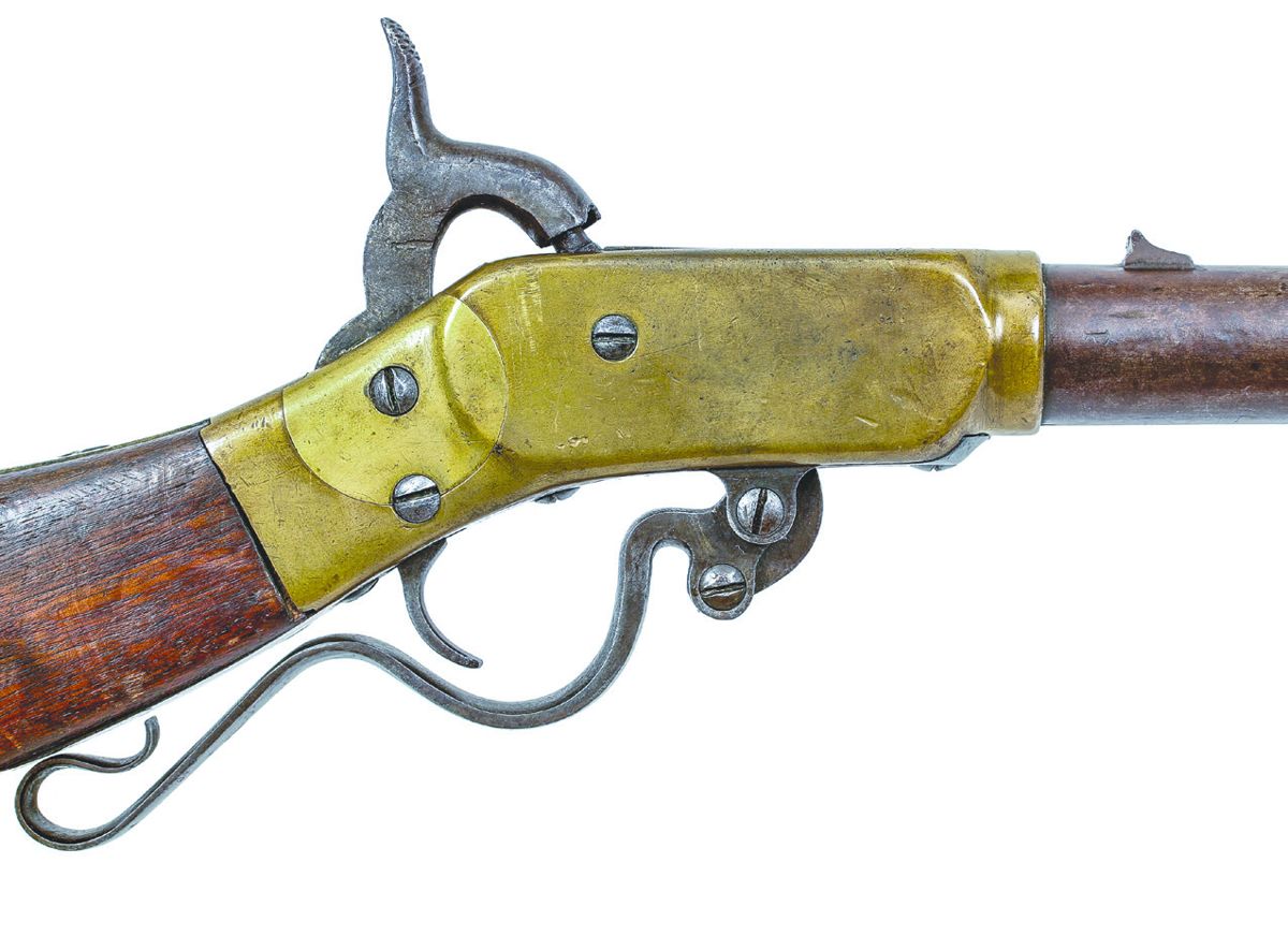 Keen, Walker & Co. carbine, breech block open for loading, showing the bronze chamber ring