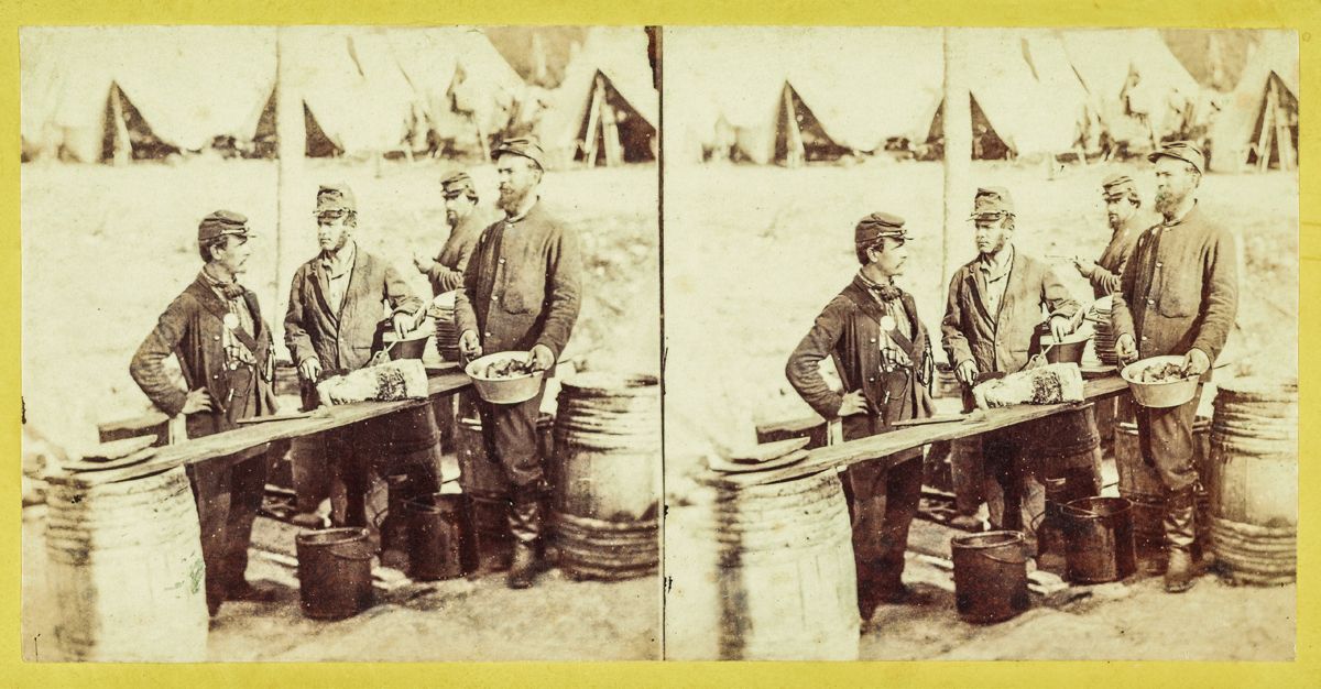 Stereoview from Camp Scenes. Army of the Potomac, No. 2055. “Preparing The Mess.” Published