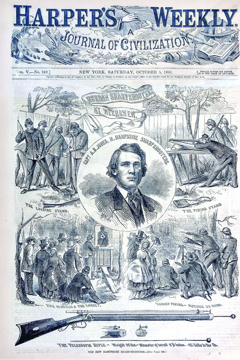 Taking the shooting test for Berdan’s Sharpshooters at Weehawken, New Jersey, in 1861. Harper’s Weekly, October 5, 1861.