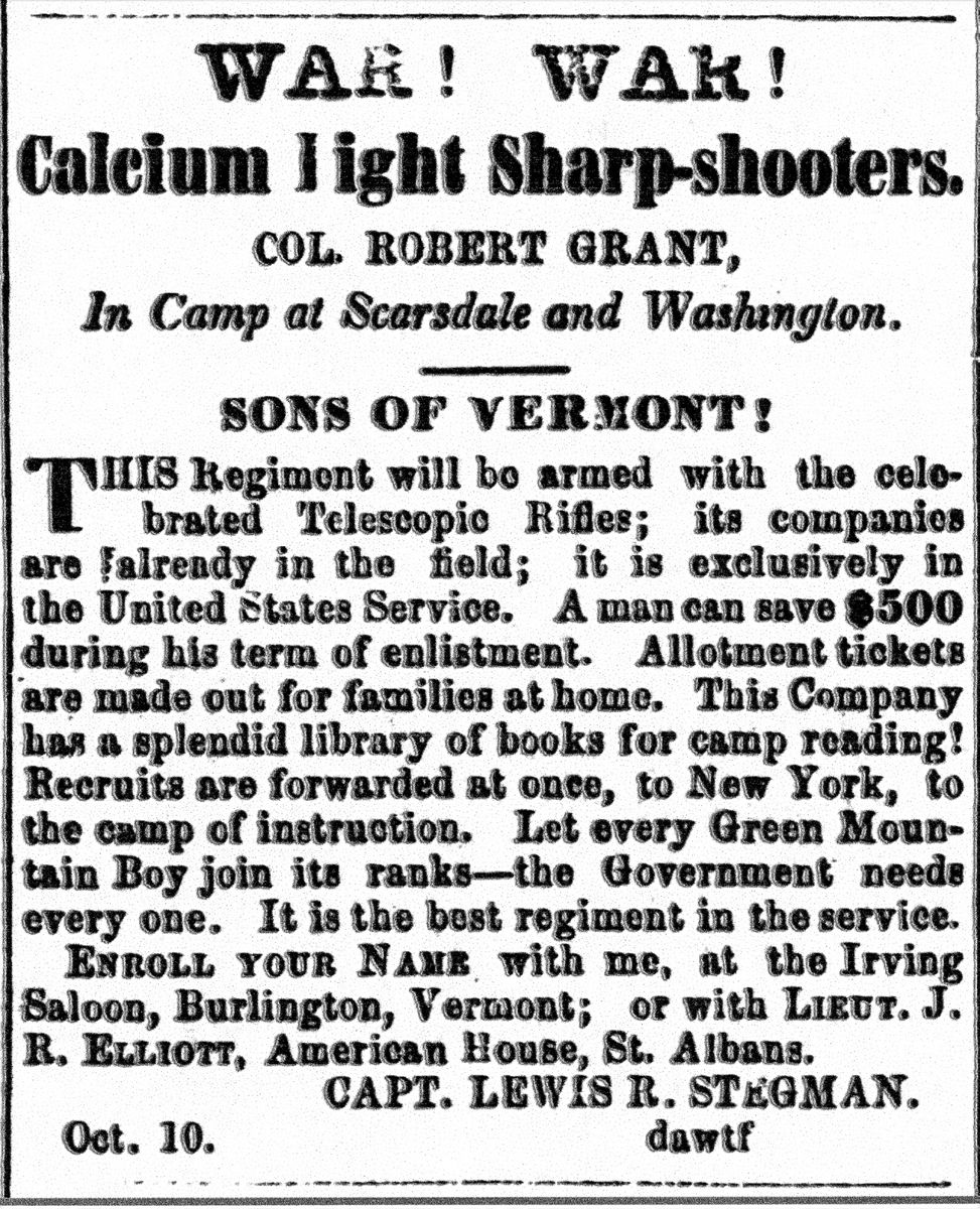 Captain Lewis R. Stegman’s recruiting advertisement in The Burlington Free Press on Oct. 14, 1861. (Joseph Bilby)
