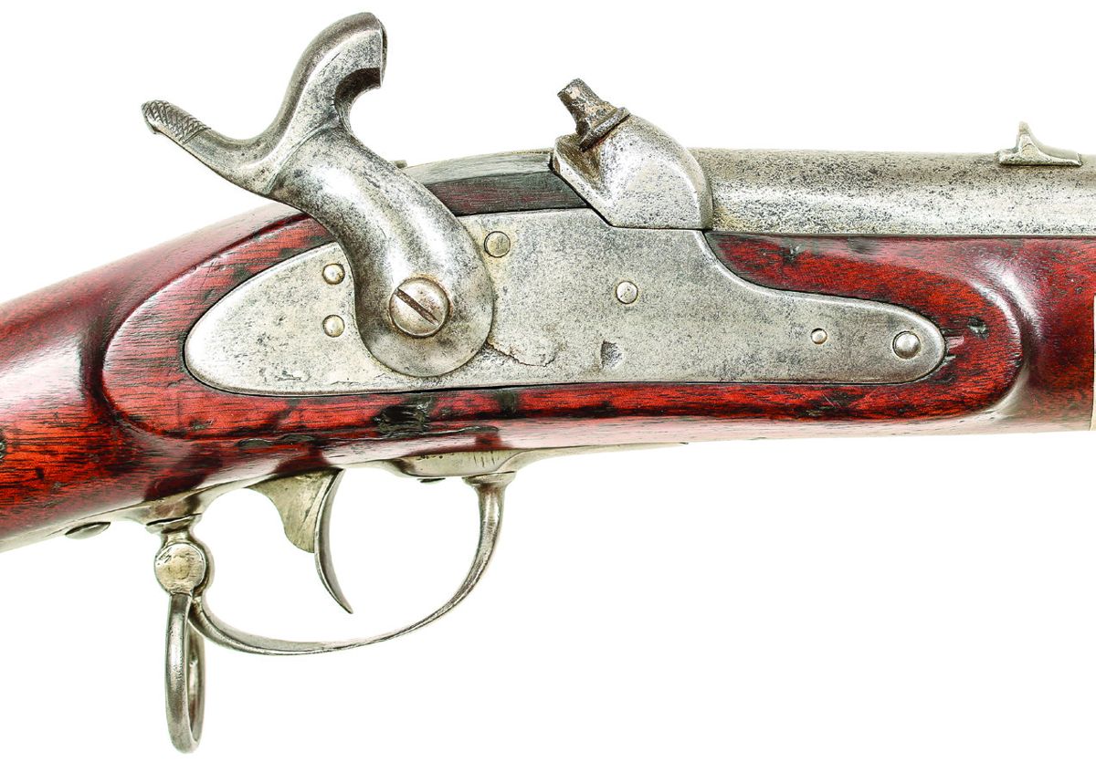 Bilharz, Hall & Co. carbine #428, showing the unmarked lock with significant flaws obvious in the lock plate.