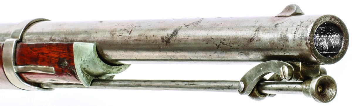 Muzzle area of Bilharz carbine #428, showing the pewter nose cap that typifies “Type II” carbines, the original swivel ramrod, and the rifled bore.