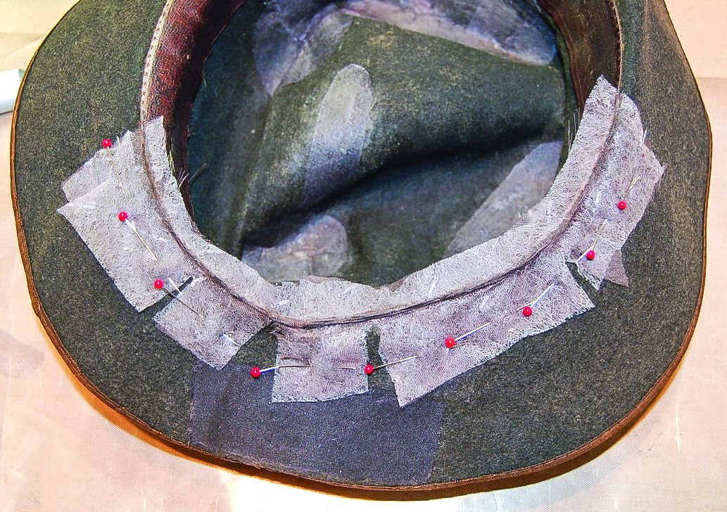 Edge of brim at sweatband after fusing edge in place.