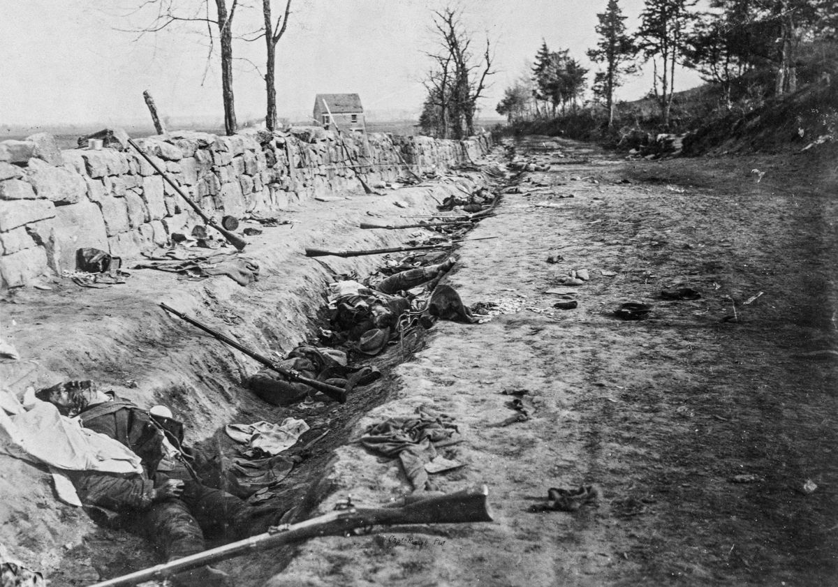Stone Wall and Sunken Road. During the first battle of Fredericksburg there were around 1,000 Confederates casualties and approximately 8,000 Union casualties on the other side of the wall. This photo was taken May 3, 1863, during the second Battle of Fredericksburg. At that time the Sunken Road was defended by Barksdale’s Mississippi Brigade. (Library of Congress)