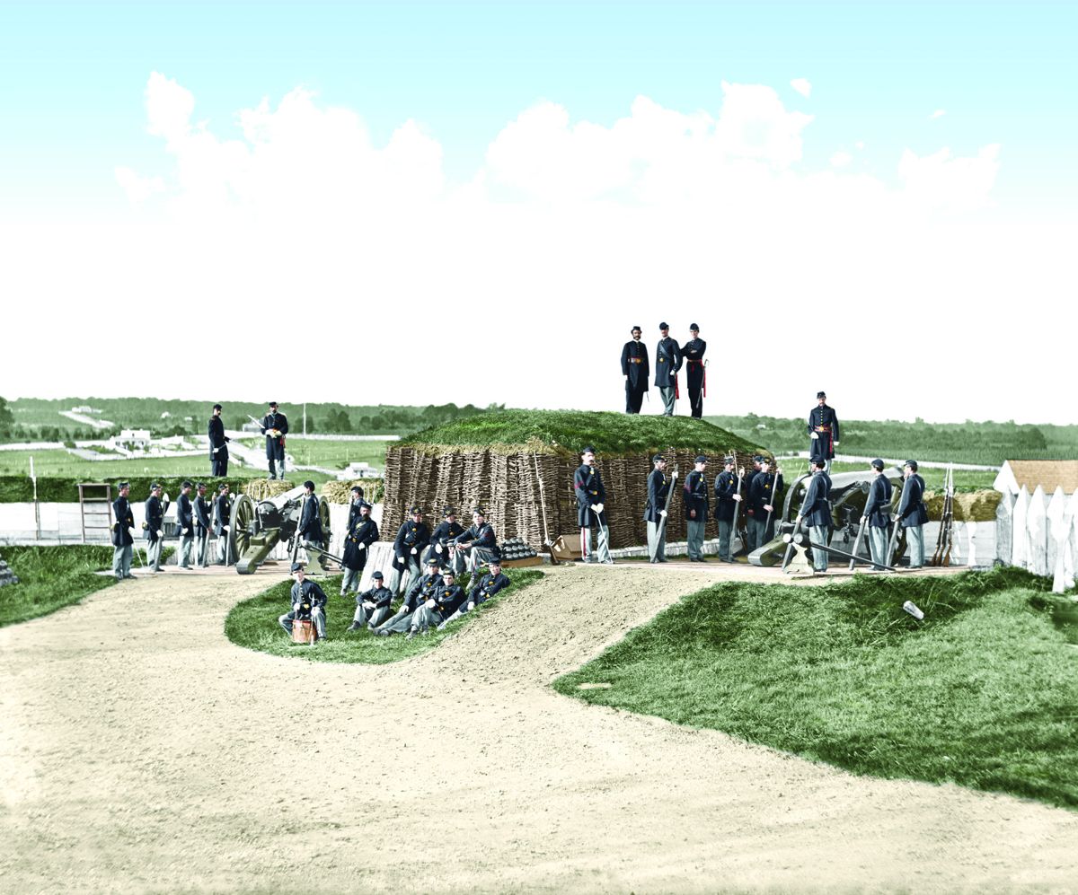 Detachment of Company K, 3d Massachusetts Heavy Artillery, by guns of Fort Stevens, Colorization © 2018 civilwarincolor.com courtesy civilwarincolor.com/cwn (Library of Congress)