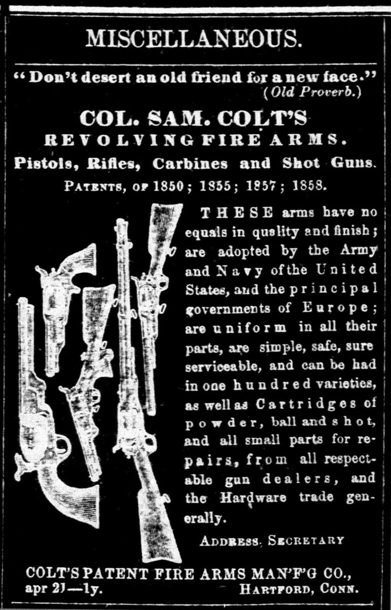 Newspaper advertisement for Colt firearms on June 5, 1861, in