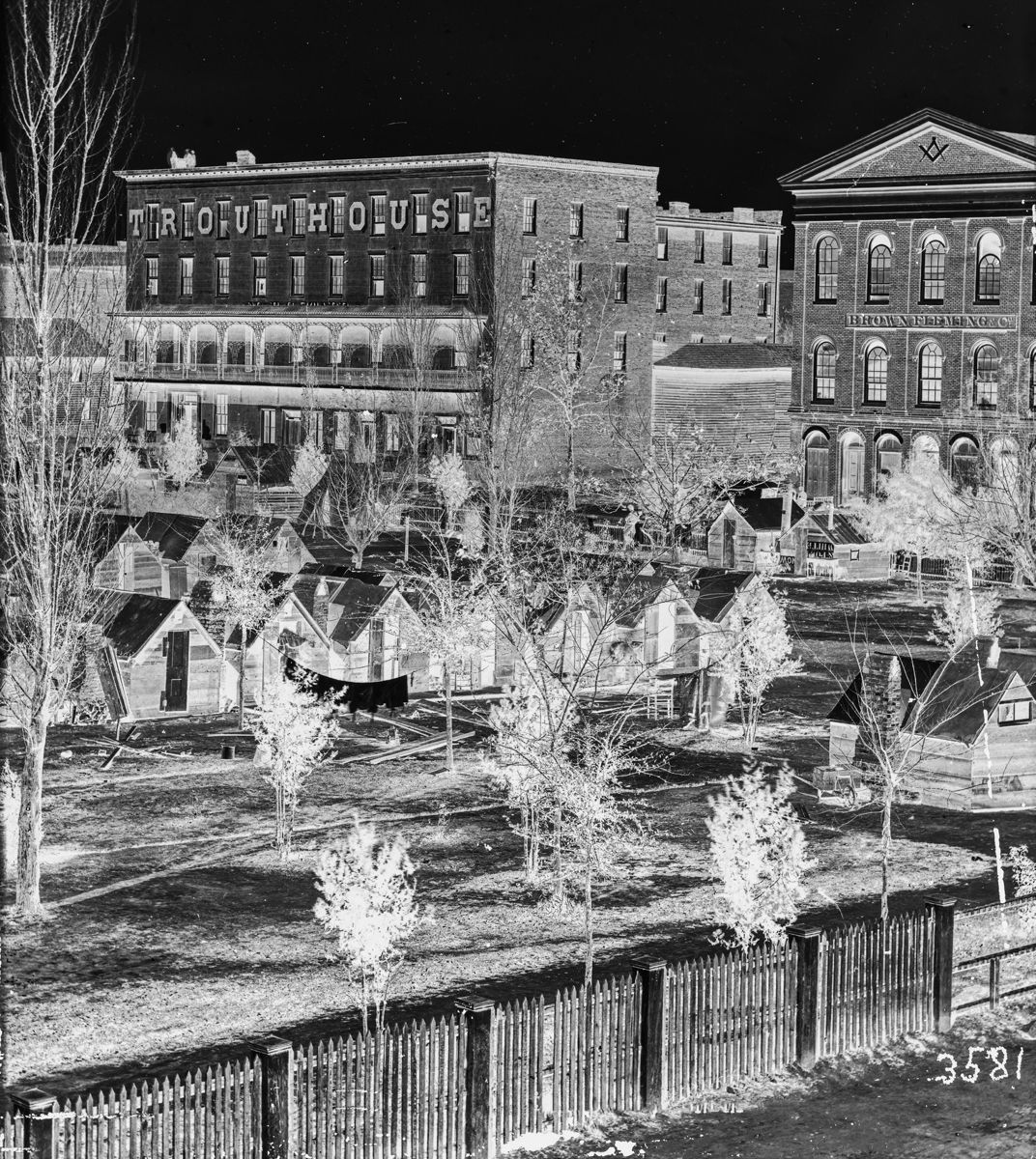 George Barnard photograph of the Trout House, Masonic Hall, and Federal encampment on