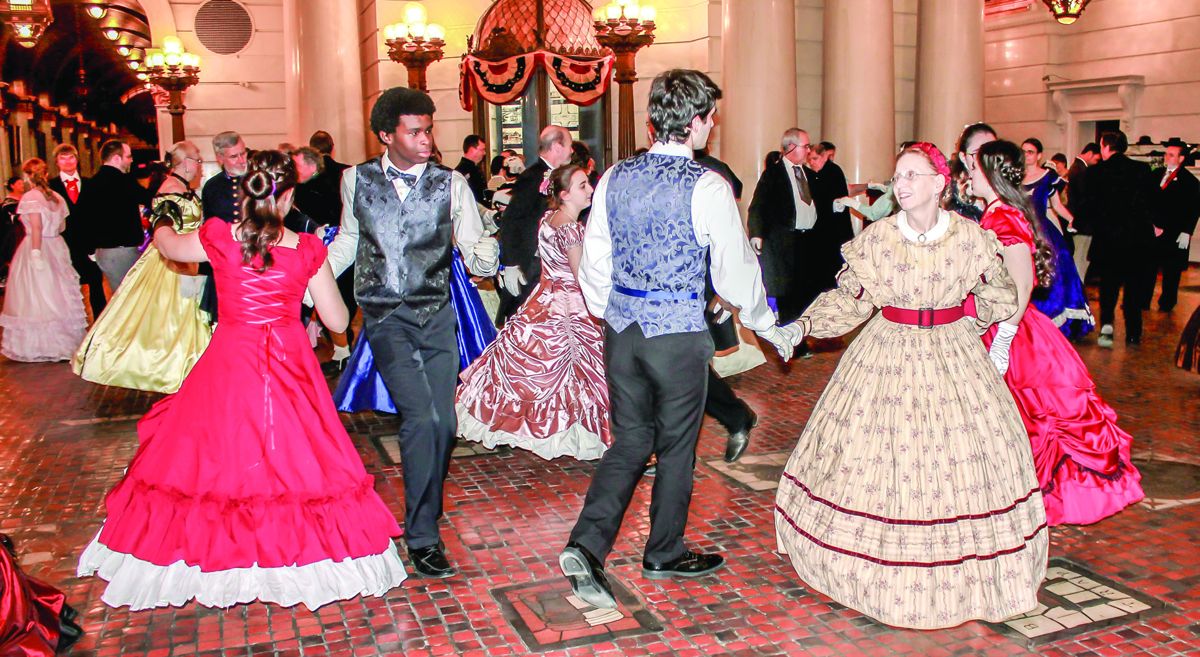 Lancer’s Quadrille Dancers performing the Grand Chain move of the Lancer’s Quadrille, the most common dance seen on dance cards during the Civil War.