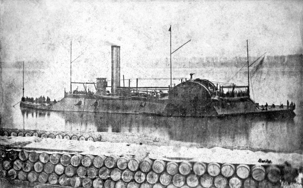 Photo of Monitor Eastport anchored on Mississippi River at Helena, Arkansas, in 1864 (Graphic), General Photograph File, G2098-07, Arkansas History Commission.