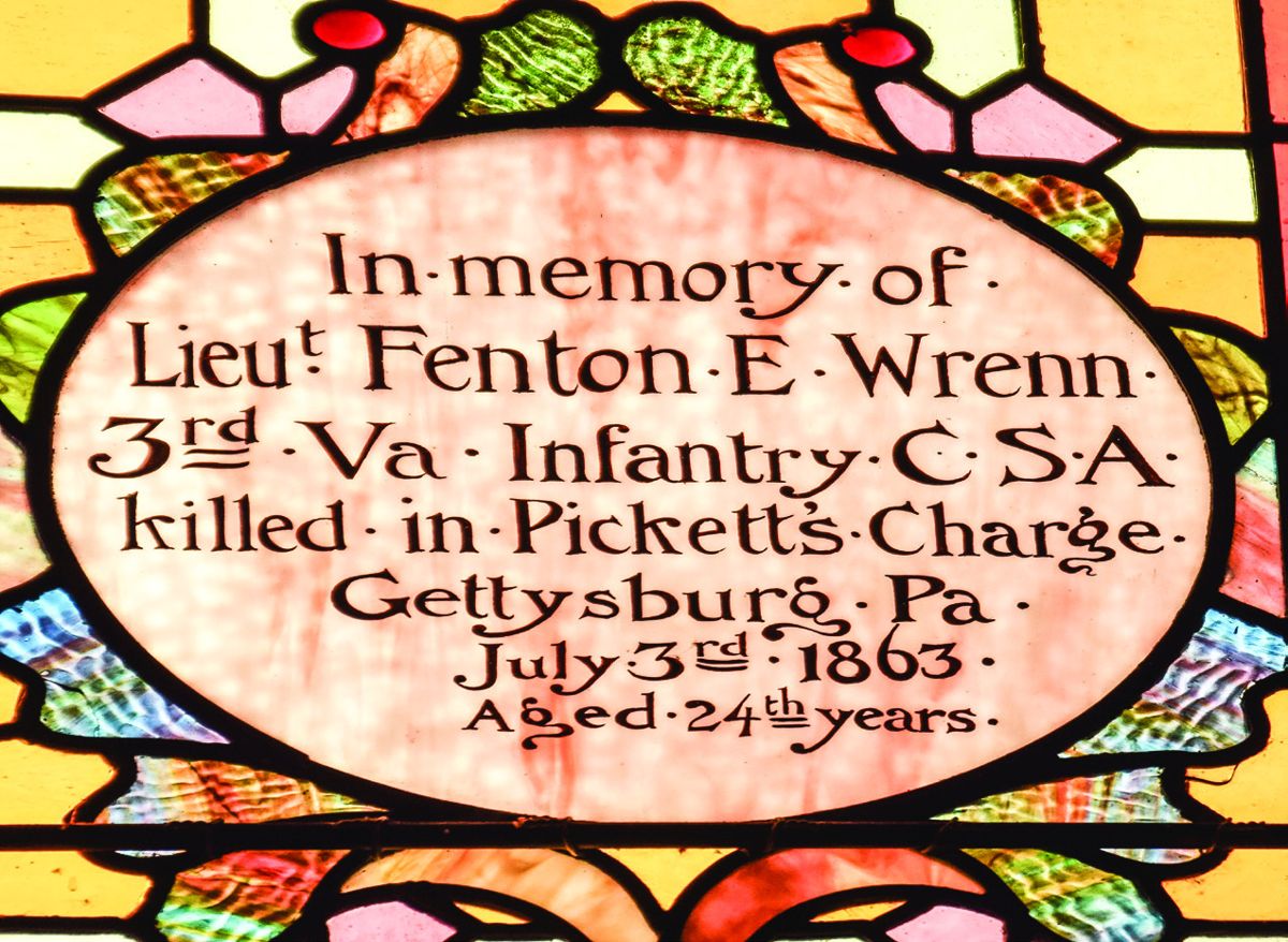 This stained-glass window in the St. Luke’s bell tower was created in the memory of Lt. Fenton Wrenn, 24, who died during Pickett’s Charge at Gettysburg. This memorial window is not included during most regular church tours.