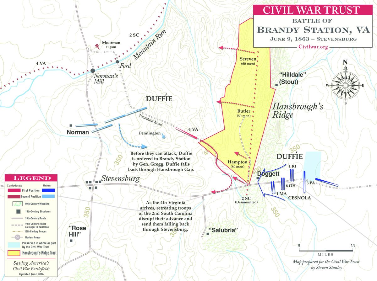 This Civil War Trust map depicts the 174-acre Hansbrough’s Ridge tract, which was both part of the Brandy Station battlefield and a Union army encampment in the winter of 1863–64, preserved by the Civil War Trust and its partners east of Stevensburg, Va.