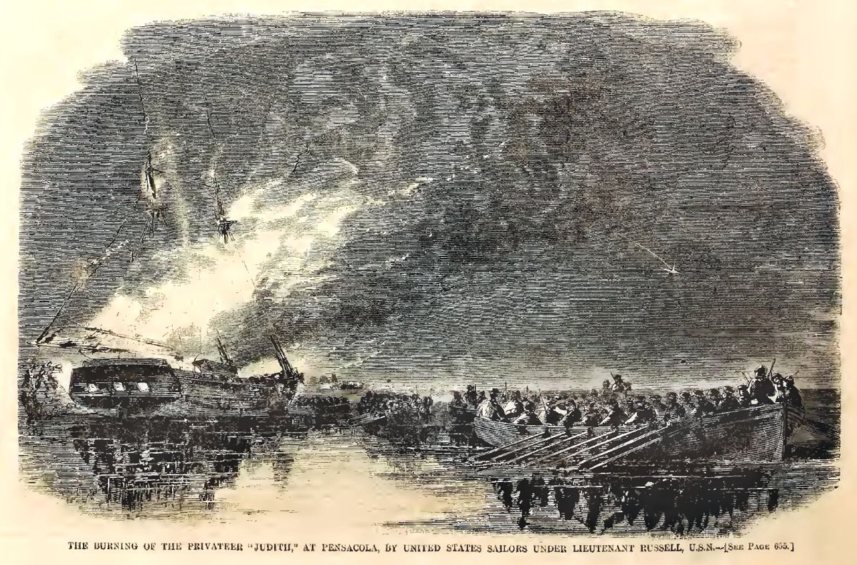 Titled “The Burning of the Privateer “Judith,” at Pensacola, by United States Sailors Under Lieutenant Russell, U.S.N.” From Harper’s Weekly, Oct. 12, 1861.