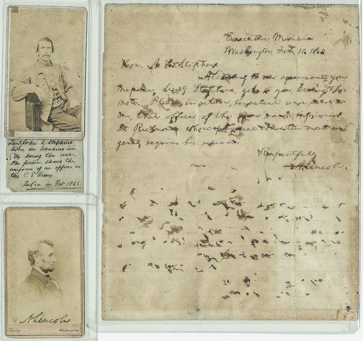 The Lincoln Letter to Alexander Stephens and CDV’s of Lieut. John A. Stephens and Abraham Lincoln. (Courtesy of Hargrett Rare Book and Manuscript Library/University of Georgia Libraries.)