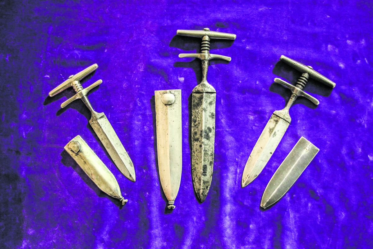 Three extremely rare examples of silver antebellum New Orleans push daggers made by Dufihlo with unique double handled grips.