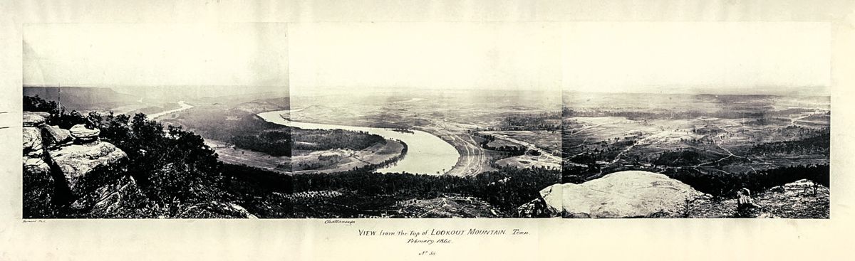 George Barnard albumen panoramic, photograph February 1864. Probably the source of the 1897 lithograph of the same view. Titled: View from the top of Lookout Mountain, Tenn., February, 1864.