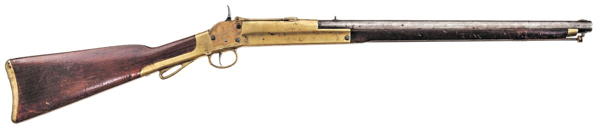 Below: Morse breech loading carbine made by the South Carolina State Military Works, Greenville, S.C. First type (1863). At about six and a half pounds in weight and forty inches in length, his .50 caliber breech loading carbine was three or four pounds lighter and about sixteen inches shorter than an ordinary .577 or .58 caliber muzzle loading rifle-musket, but, theoretically at least, just as accurate and powerful.