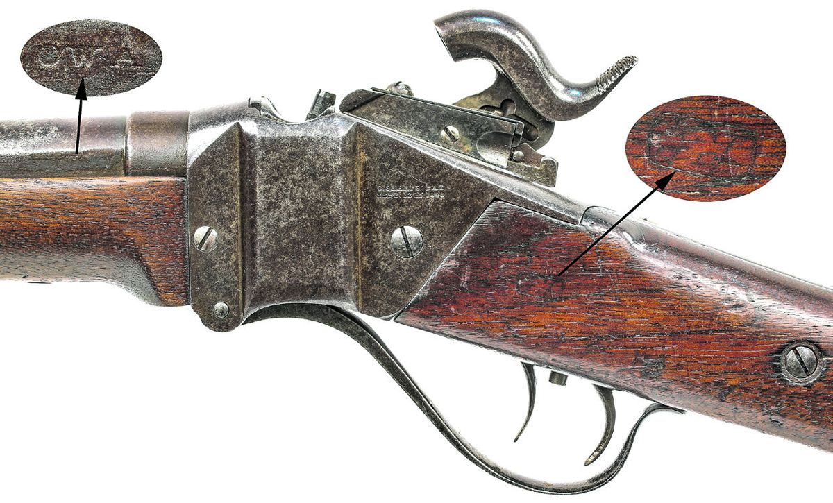 Close up of receiver of Berdan Sharps Rifle, showing the Lawrence Patent Pellet Primer system and the adjustable double-set triggers. The locks were marked with C. Sharps patent information at the rear and with the Lawrence Primer patent information