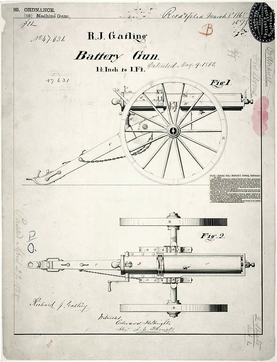 Drawing of Gatling Gun, 05/09/1865. From the National Archives.