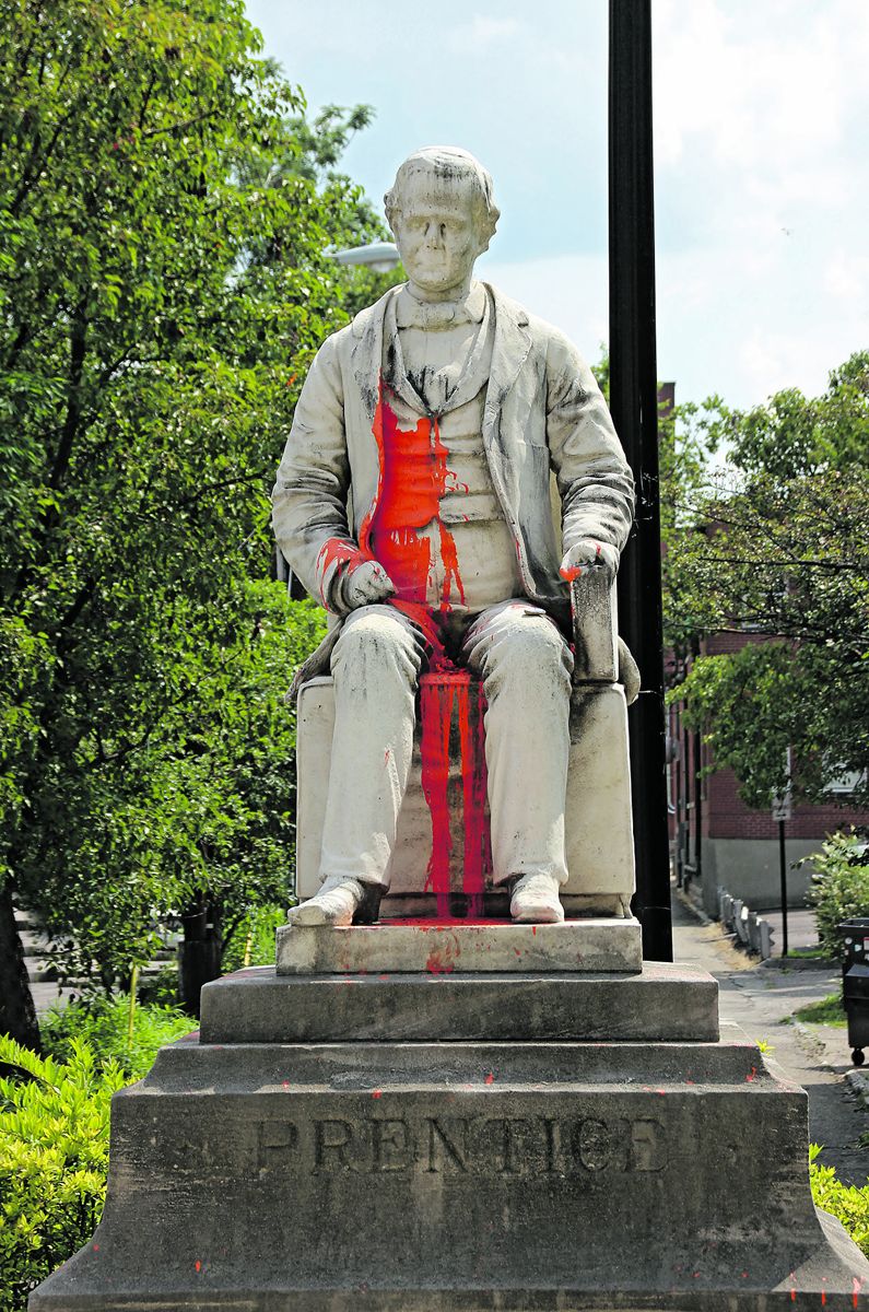 George D. Prentice statue with paint thrown onto his body. (Charles Bogart)