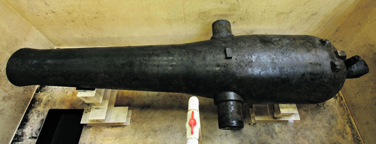 Port side XI-inch Dahlgren shell gun inscribed “WORDEN / MONITOR & MERRIMAC.” (Courtesy of Mariners’ Museum and Park)