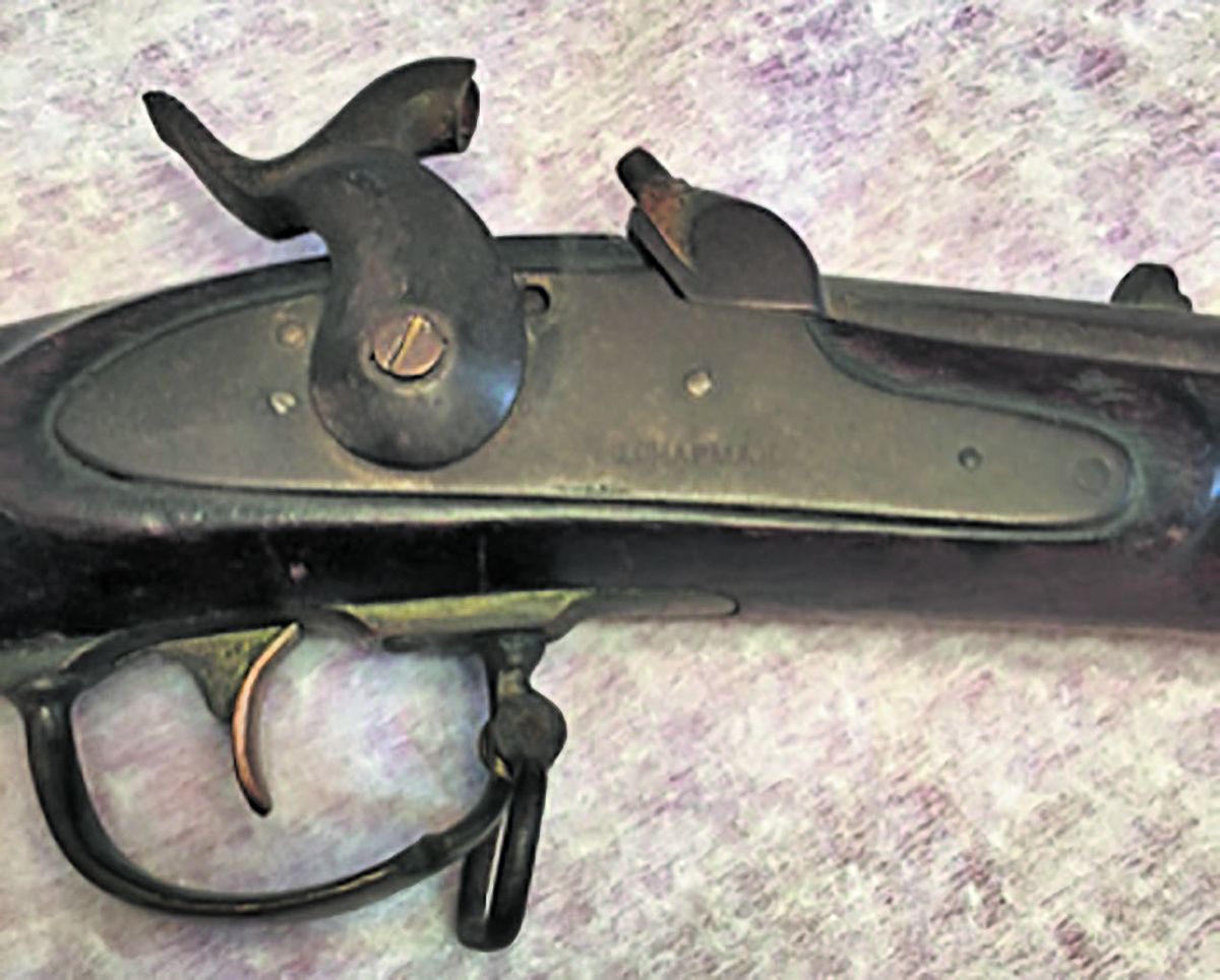 Characteristic bolster-style seen on other Tennessee contract rifles, unique brass trigger seen on very few Confederate made arms. The C. CHAPMAN marking is crisp.