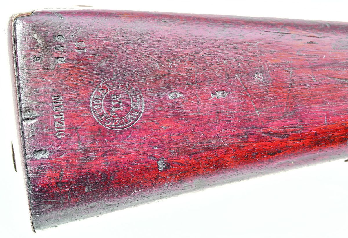 Close up of the butt of the same musket, showing the “Manufactory Imperial” stamp of the Mutzig Arsenal, where the gun was rifled in 1862. It had likely been altered to percussion at some previous time during the 1840s or 1850s.